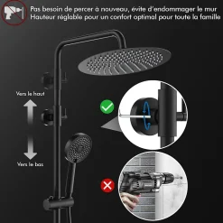 Homelody Colonne de Douche Sans Mitigeur Systeme de Douche Effet Pluie Douchette 3 Fonctions Hauteur Reglable 500 a 1220 mm Inox Noir