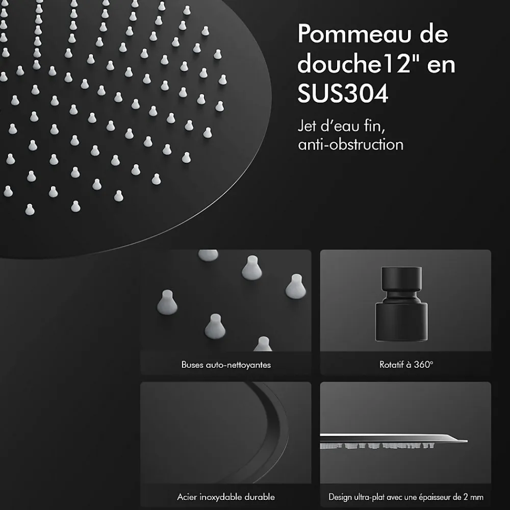 Homelody Colonne de Douche Sans Mitigeur Systeme de Douche Effet Pluie Douchette 3 Fonctions Hauteur Reglable 500 a 1220 mm Inox Noir