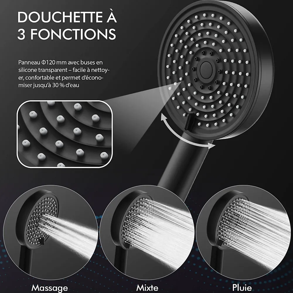 Homelody Colonne de Douche Sans Mitigeur Systeme de Douche Effet Pluie Douchette 3 Fonctions Hauteur Reglable 500 a 1220 mm Inox Noir