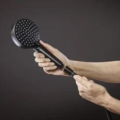 Hansgrohe Colonne de douche sans robinetterie avec pommeau + douchette 2 jets + flexible + barre réglable, noir mat, Vernis Shape
