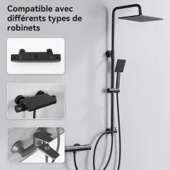 Robinet De Douche|Sofetiy Max Colonne de douche sans robinetterie avec pommeau + douchette+ flexible + barre réglable, Noir