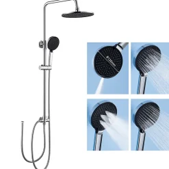 Colonne De Douche Sans Robinetterie|Sofetiy Max Colonne de douche sans robinetterie avec pommeau + douchette 4 jets + flexible + barre réglable, chromé