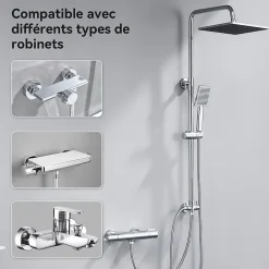 Robinet De Douche|Auralum Max Colonne de douche sans robinetterie avec pommeau + douchette + flexible + barre réglable, chromé