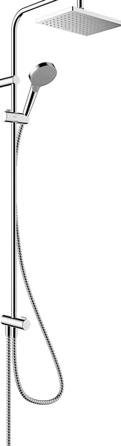 Hansgrohe Colonne de douche sans robinetterie avec pommeau + douchette 2 jets + flexible + barre réglable, chrome, Vernis Shape