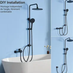 Sofetiy Max Colonne de douche sans robinetterie avec pommeau + douchette 4 jets + flexible + barre réglable, Noir