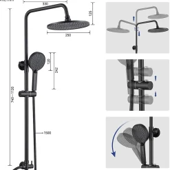 Sofetiy Max Colonne de douche sans robinetterie avec pommeau + douchette 4 jets + flexible + barre réglable, Noir