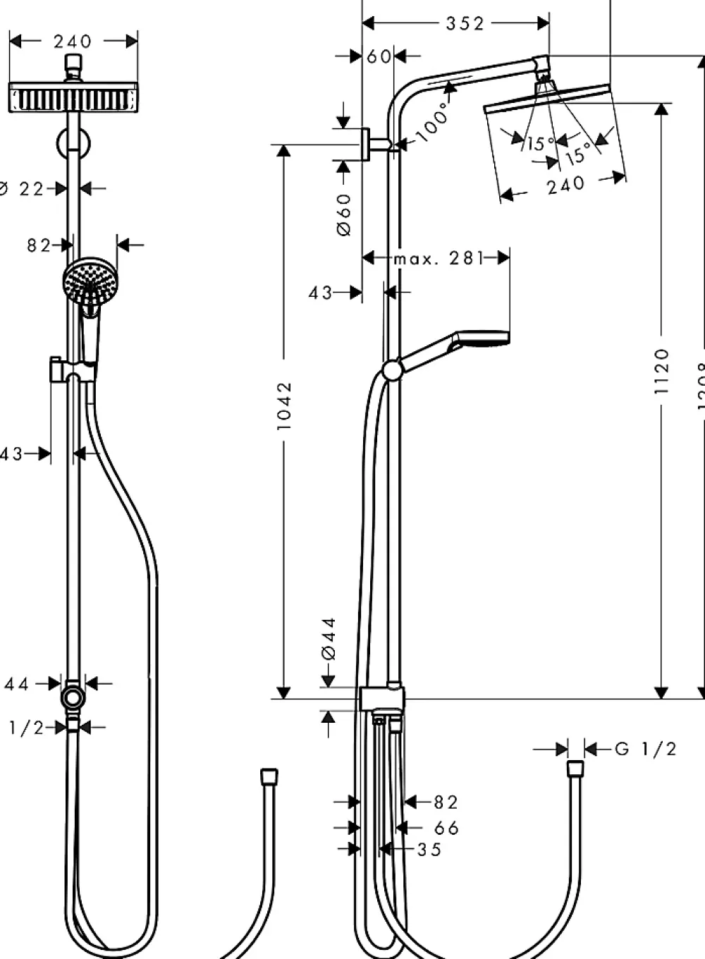 Colonne De Douche Sans Robinetterie|Hansgrohe Colonne de douche sans robinetterie avec pommeau + douchette 1 jet + flexible + barre de douche, chrome, Crometta E