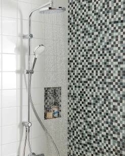 Hansgrohe Colonne de douche sans robinetterie avec douchette 3 jets + flexible + barre réglable, chrome, Reno 220 surface