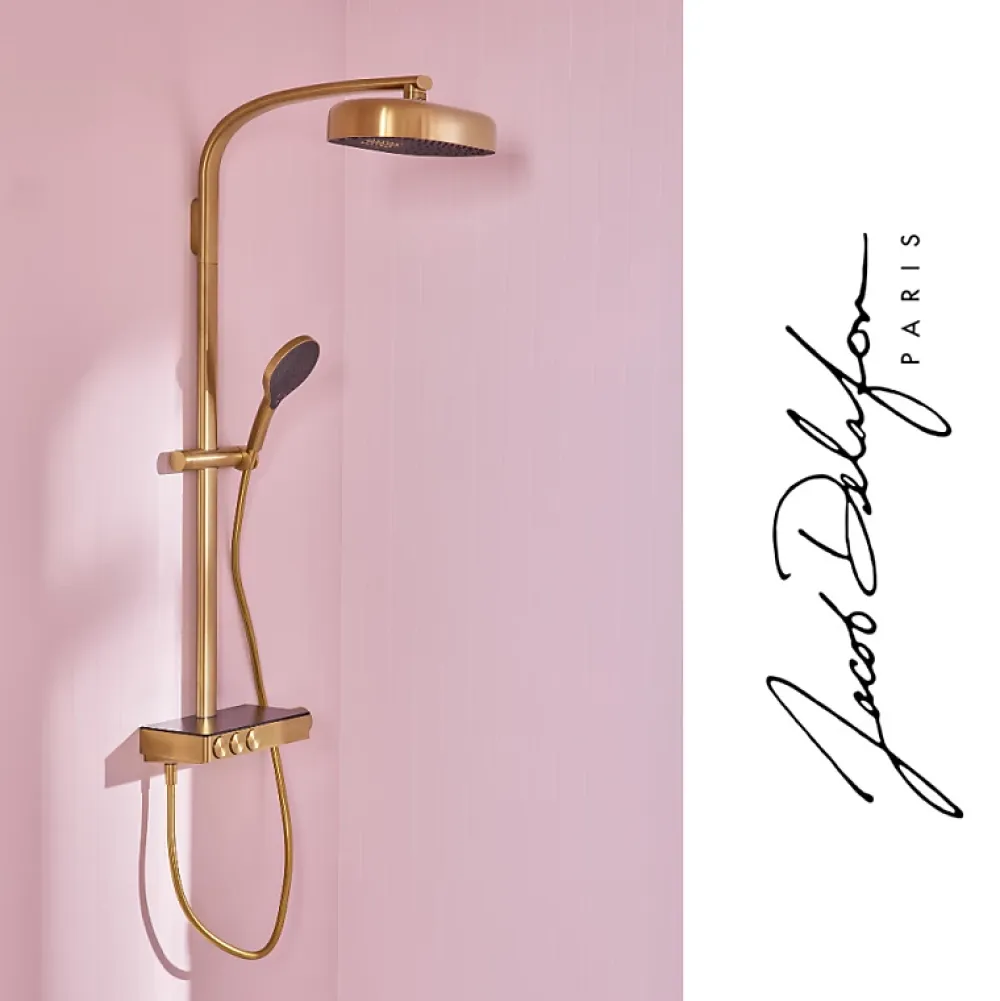 Colonne De Douche Thermostatique|Jacob Delafon Colonne de douche thermostatique Grands Boulevards avec tablette en verre laiton brossé