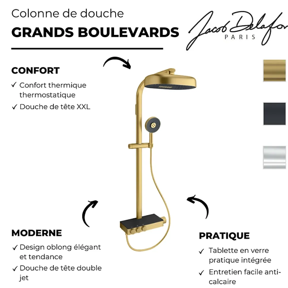Colonne De Douche Thermostatique|Jacob Delafon Colonne de douche thermostatique Grands Boulevards avec tablette en verre laiton brossé