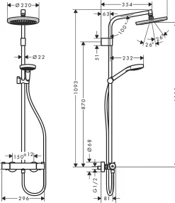 Hansgrohe Colonne de douche thermostatique avec pommeau + douchette 3 jets + flexible + barre réglable, chrome, Waterforms 220