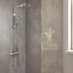 Hansgrohe Colonne de douche thermostatique avec pommeau + douchette 3 jets + flexible + barre réglable, chrome, Waterforms 220