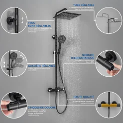 Sofetiy Max Colonne de Douche Thermostatique 5 Fonctions, Ensemble de Douche Noir, Douche avec Tête de Douche de 12 pouces