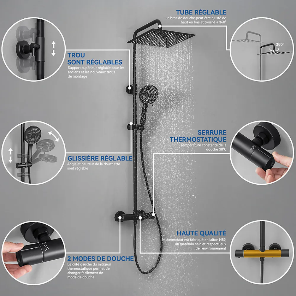 Sofetiy Max Colonne de Douche Thermostatique 5 Fonctions, Ensemble de Douche Noir, Douche avec Tête de Douche de 12 pouces