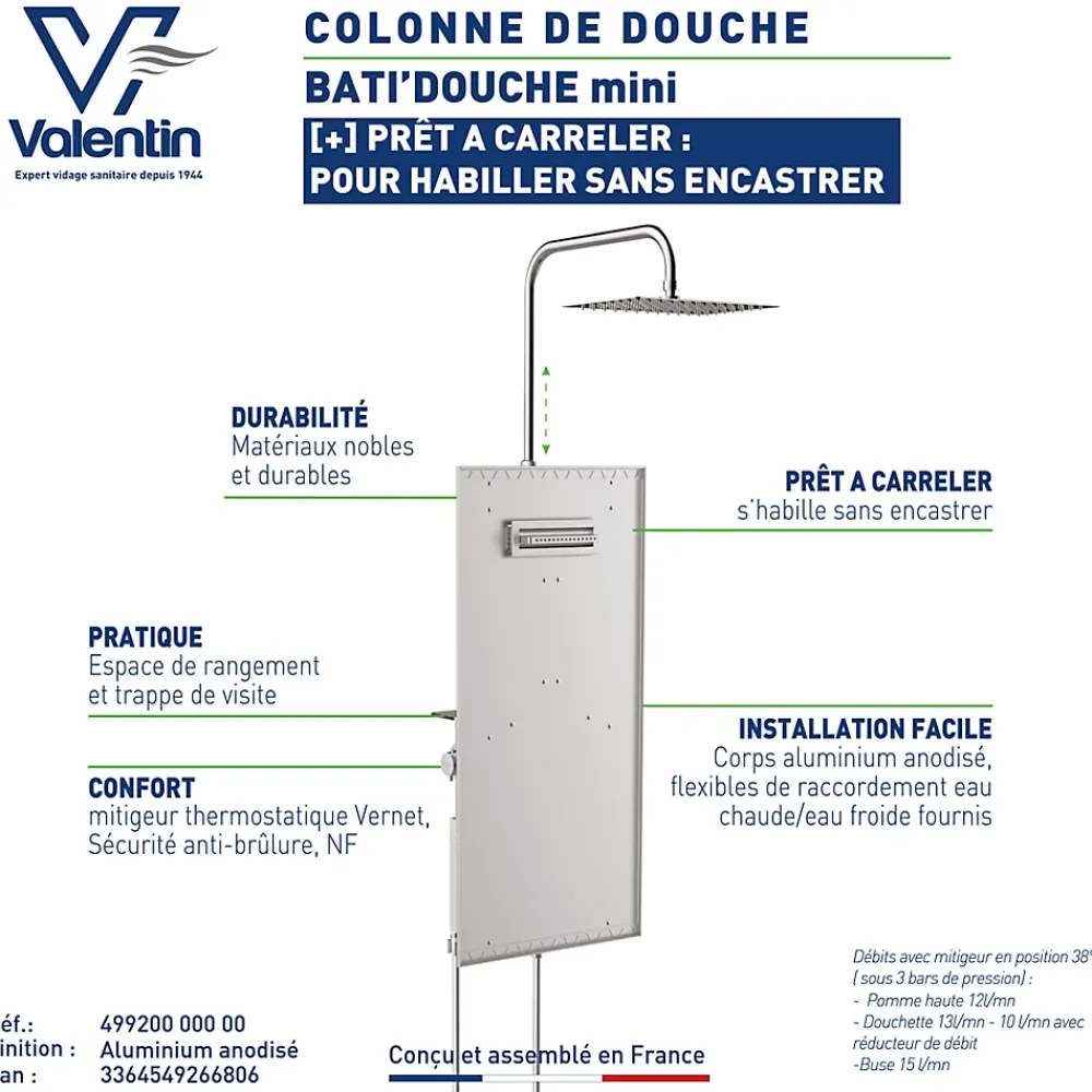 Colonne De Douche Hydromassante|Valentin Colonne de douche thermostatique hydromassante mini prête à carreler, en aluminium anodisé, Batidouche