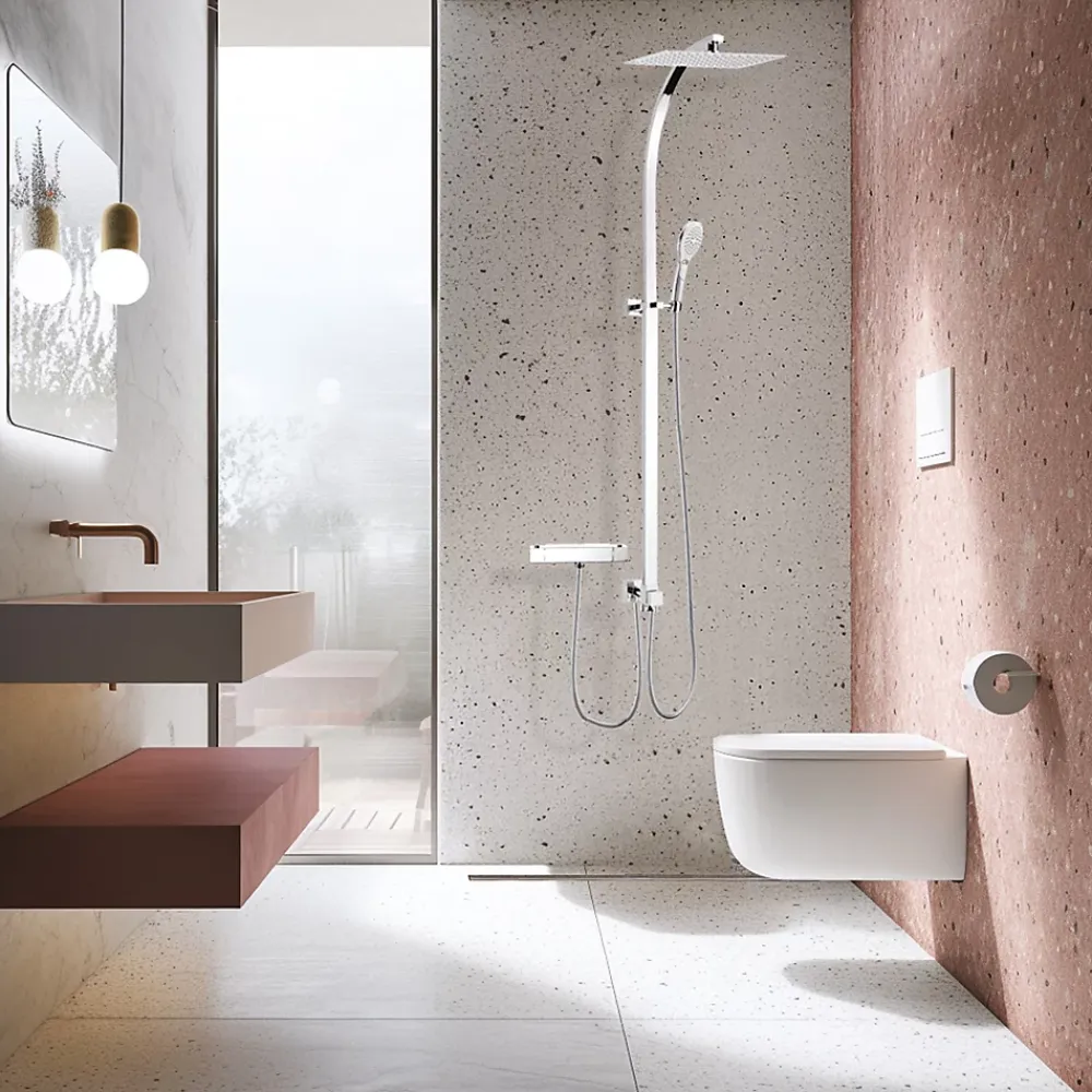 Valentin Colonne de douche thermostatique avec pomme de tête, douchette et flexible, chrome, Inouie