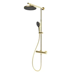 Colonne De Douche Thermostatique|Schulte Colonne de douche thermostatique avec pommeau + douchette + flexible + barre réglable, coloris doré, Rain