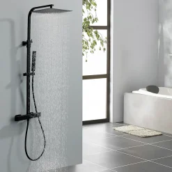 Homelody Colonne de Douche Thermostatique Noir Ensemble de Douche Corps en Laiton Hauteur Réglable 855-1105mm Système de Douche