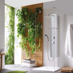 Colonne De Douche Hydromassante|Valentin Colonne de douche thermostatique avec tablette, pomme de tête, douchette et flexible, en aluminium anodisé gris, Totmy