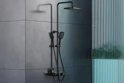 Bernstein Colonne de douche thermostatique hauteur réglable design + tablette acier inox + mitigeur et pommeau Carrés - Noir mat - BS371