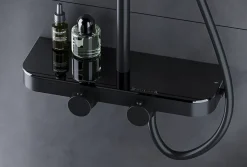 Bernstein Colonne de douche thermostatique hauteur réglable design + tablette acier inox + mitigeur et pommeau Carrés - Noir mat - BS371