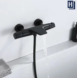 Homelody Colonne de Douche Thermostatique Noir Ensemble de Douche Robinet Cascade pour Baignoire Laiton Set de Douche Hauteur Réglable