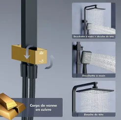 Homelody Colonne de Douche Thermostatique Noir Ensemble de Douche Robinet Cascade pour Baignoire Laiton Set de Douche Hauteur Réglable