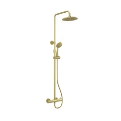 Galedo Colonne de douche thermostatique avec pommeau + douchette 2 jets + flexible + barre réglable, doré brossé, Arty