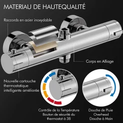 Homelody Colonne de Douche Thermostatique Hauteur Reglable 940 a 1200 mm Jet Pluie avec Tablette Finition Chrome pour Salle de Bain