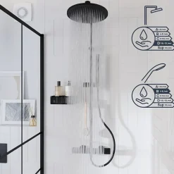 Colonne De Douche Thermostatique|GoodHome Colonne de douche thermostatique avec pommeau, douchette 2 jets, flexible, barre réglable, noir, Levanna