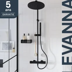 Colonne De Douche Thermostatique|GoodHome Colonne de douche thermostatique avec pommeau, douchette 2 jets, flexible, barre réglable, noir, Levanna