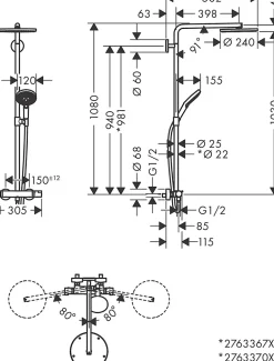 Colonne De Douche Thermostatique|Hansgrohe Colonne de douche thermostatique avec pommeau + douchette 3 jets + flexible + barre réglable, bronze brossé, Select S240 PowderRain