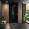 Colonne De Douche Hydromassante|Valentin Colonne de douche thermostatique hydromassante avec tablette, pomme de tête, douchette et flexible, en aluminium anodisé noir, Dune