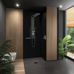 Colonne De Douche Hydromassante|Valentin Colonne de douche thermostatique hydromassante avec tablette, pomme de tête, douchette et flexible, en aluminium anodisé noir, Dune