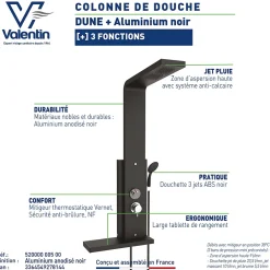 Colonne De Douche Hydromassante|Valentin Colonne de douche thermostatique hydromassante avec tablette, pomme de tête, douchette et flexible, en aluminium anodisé noir, Dune