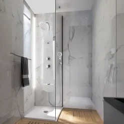 Valentin Colonne de douche thermostatique avec tablette, pomme de tête, douchette et flexible, blanc, Nautilus