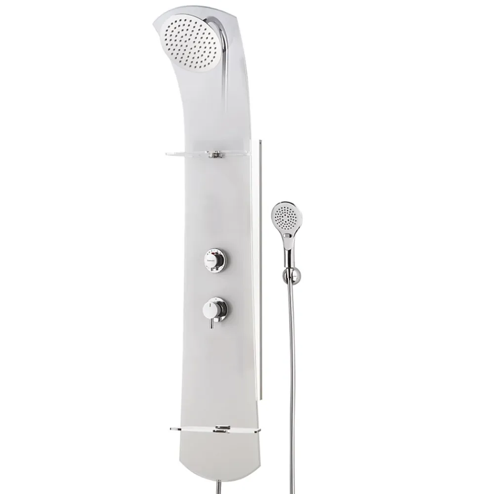 Valentin Colonne de douche thermostatique avec tablette, pomme de tête, douchette et flexible, blanc, Nautilus