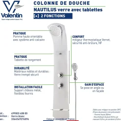 Valentin Colonne de douche thermostatique avec tablette, pomme de tête, douchette et flexible, blanc, Nautilus