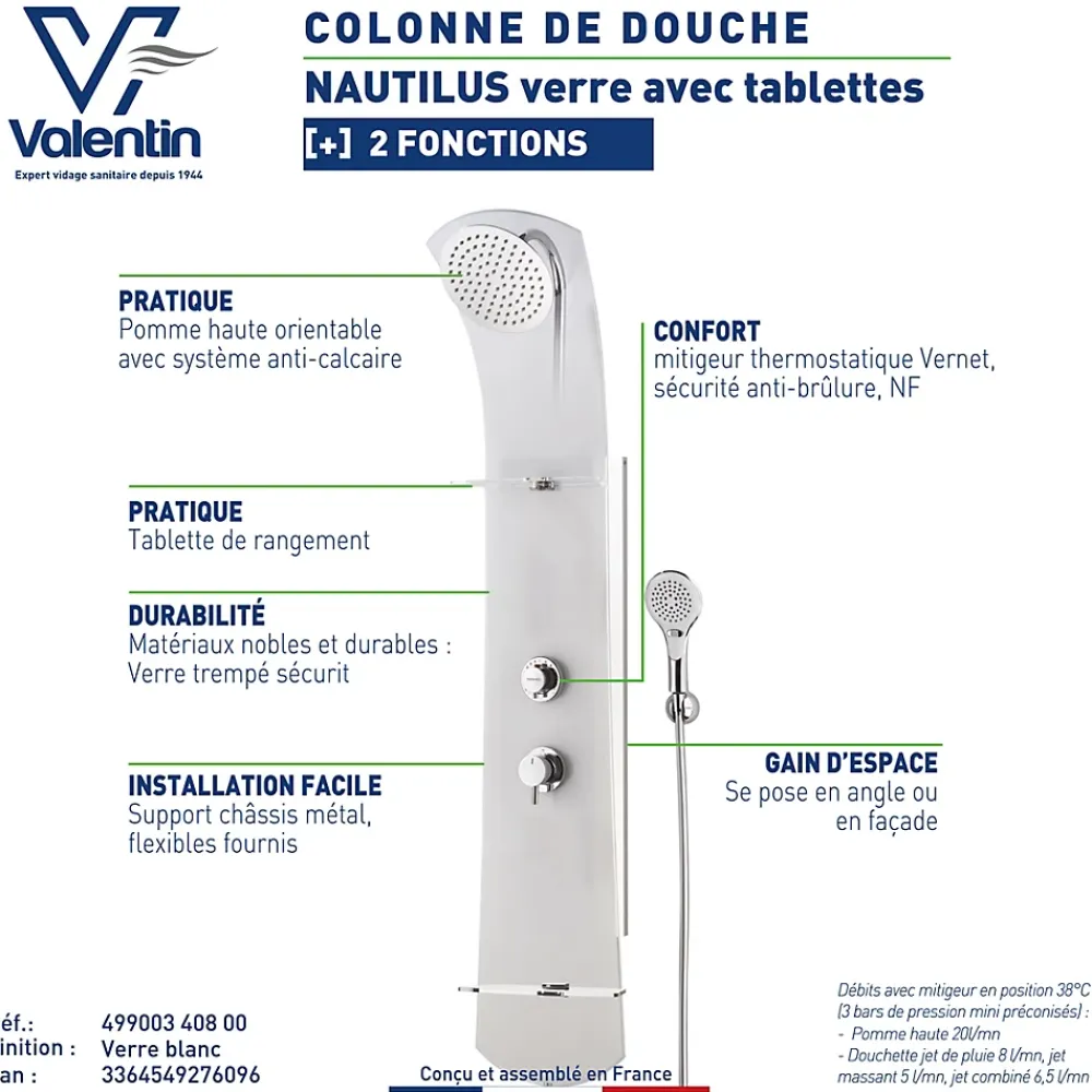 Valentin Colonne de douche thermostatique avec tablette, pomme de tête, douchette et flexible, blanc, Nautilus