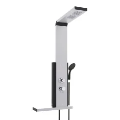 Colonne De Douche Hydromassante|Valentin Colonne de douche thermostatique hydromassante avec tablette, pomme de tête, douchette et flexible, en aluminium anodisé gris, Dune
