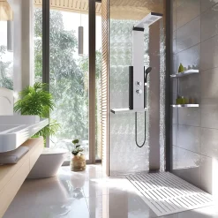 Colonne De Douche Hydromassante|Valentin Colonne de douche thermostatique hydromassante avec tablette, pomme de tête, douchette et flexible, en aluminium anodisé gris, Dune