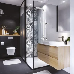 Valentin Colonne de douche thermostatique avec pomme de tête, douchette 1 jet et flexible, porte-savon, laiton chromé, Allure