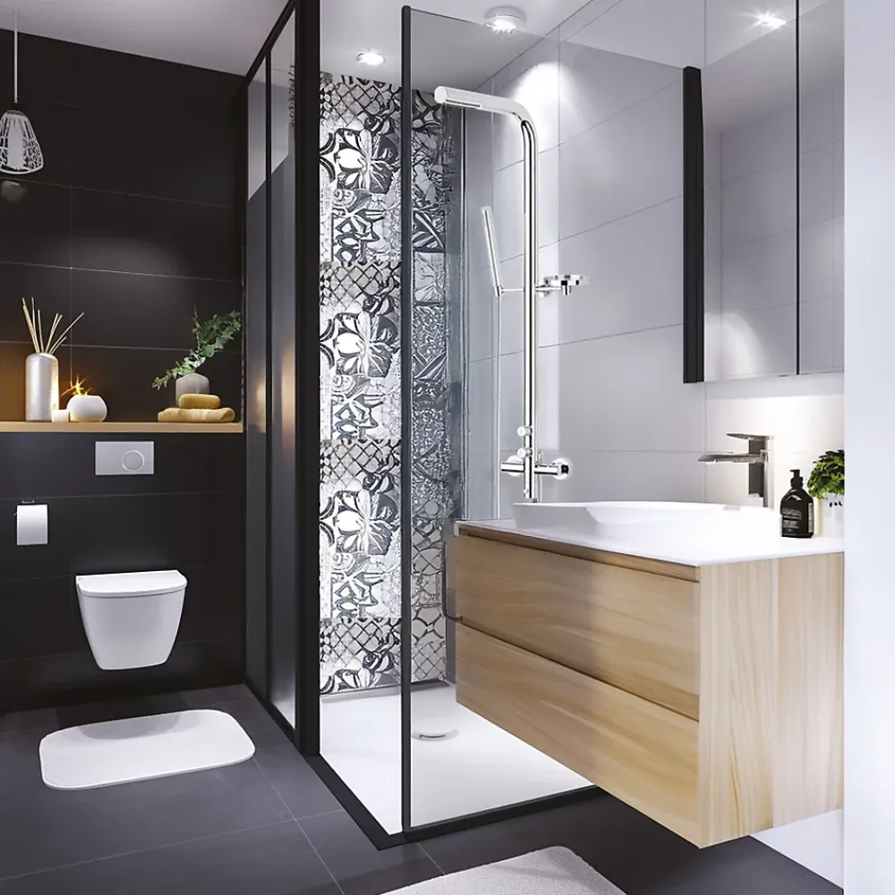 Valentin Colonne de douche thermostatique avec pomme de tête, douchette 1 jet et flexible, porte-savon, laiton chromé, Allure