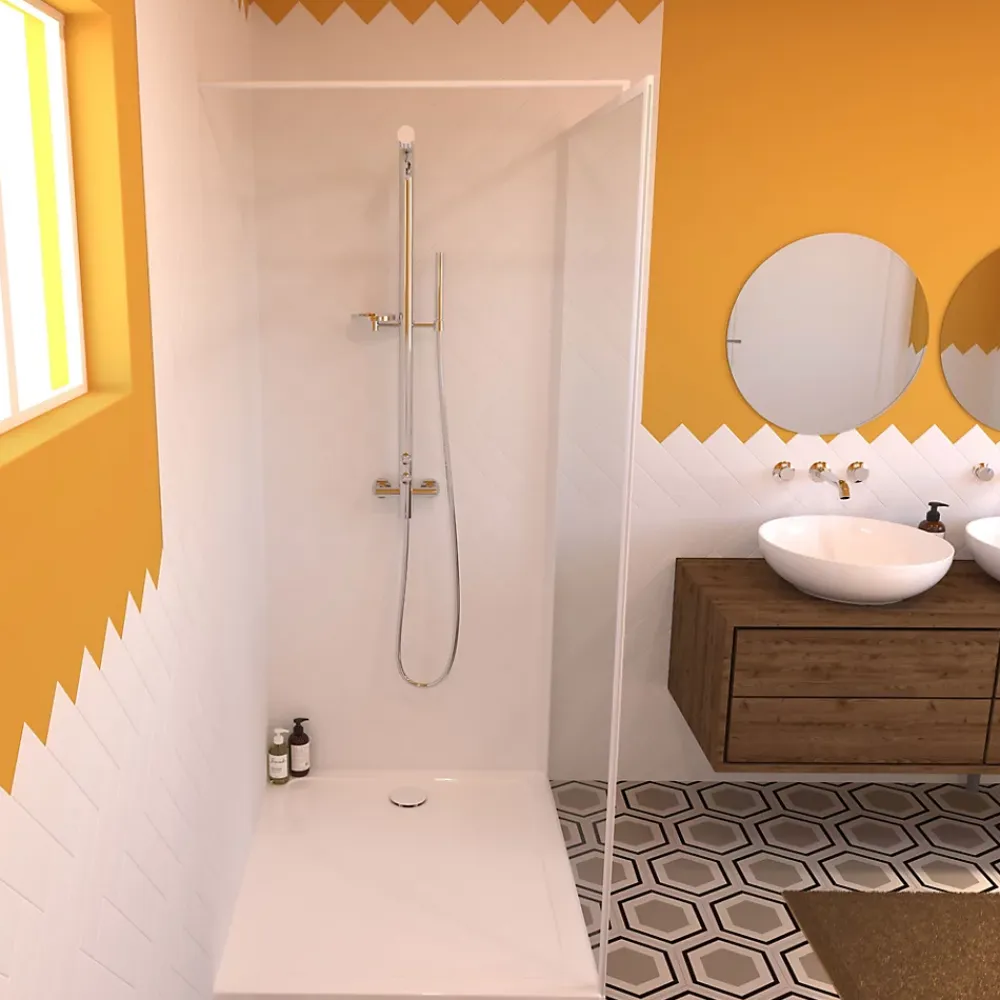 Valentin Colonne de douche thermostatique avec pomme de tête, douchette 1 jet et flexible, porte-savon, laiton chromé, Allure