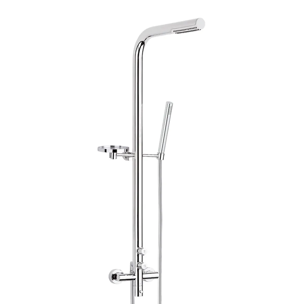 Valentin Colonne de douche thermostatique avec pomme de tête, douchette 1 jet et flexible, porte-savon, laiton chromé, Allure