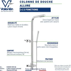 Valentin Colonne de douche thermostatique avec pomme de tête, douchette 1 jet et flexible, porte-savon, laiton chromé, Allure