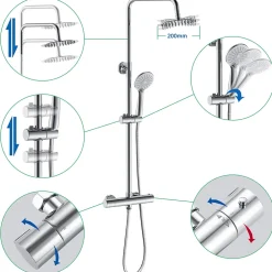 AICA Sanitaire Colonne de douche thermostatique avec pomme de tête, douchette et flexible, effet chromé,rond, AICA