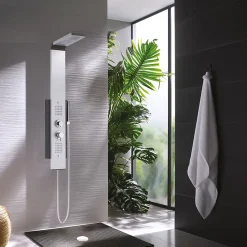 Colonne De Douche Hydromassante|Valentin Colonne de douche thermostatique hydromassante multijets avec pomme de tête, douchette 1 jet et flexible, gris alu et noir, Dune