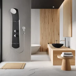 Colonne De Douche Hydromassante|Valentin Colonne de douche thermostatique avec tablettes, pomme de tête, douchette et flexible, noir, Nautilus