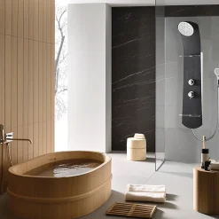 Colonne De Douche Hydromassante|Valentin Colonne de douche thermostatique avec tablettes, pomme de tête, douchette et flexible, noir, Nautilus